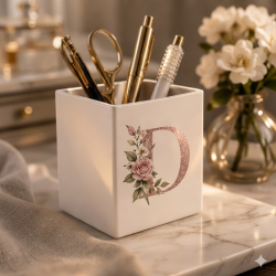 Porta-Canetas e Organizador em Cerâmica Personalizado - Coleção Floral Rose Gold
